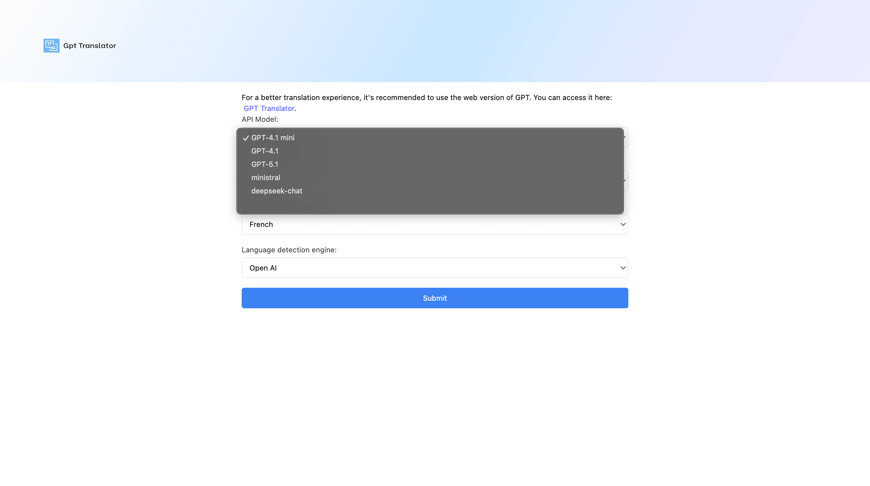 Extension settings screen with model selection