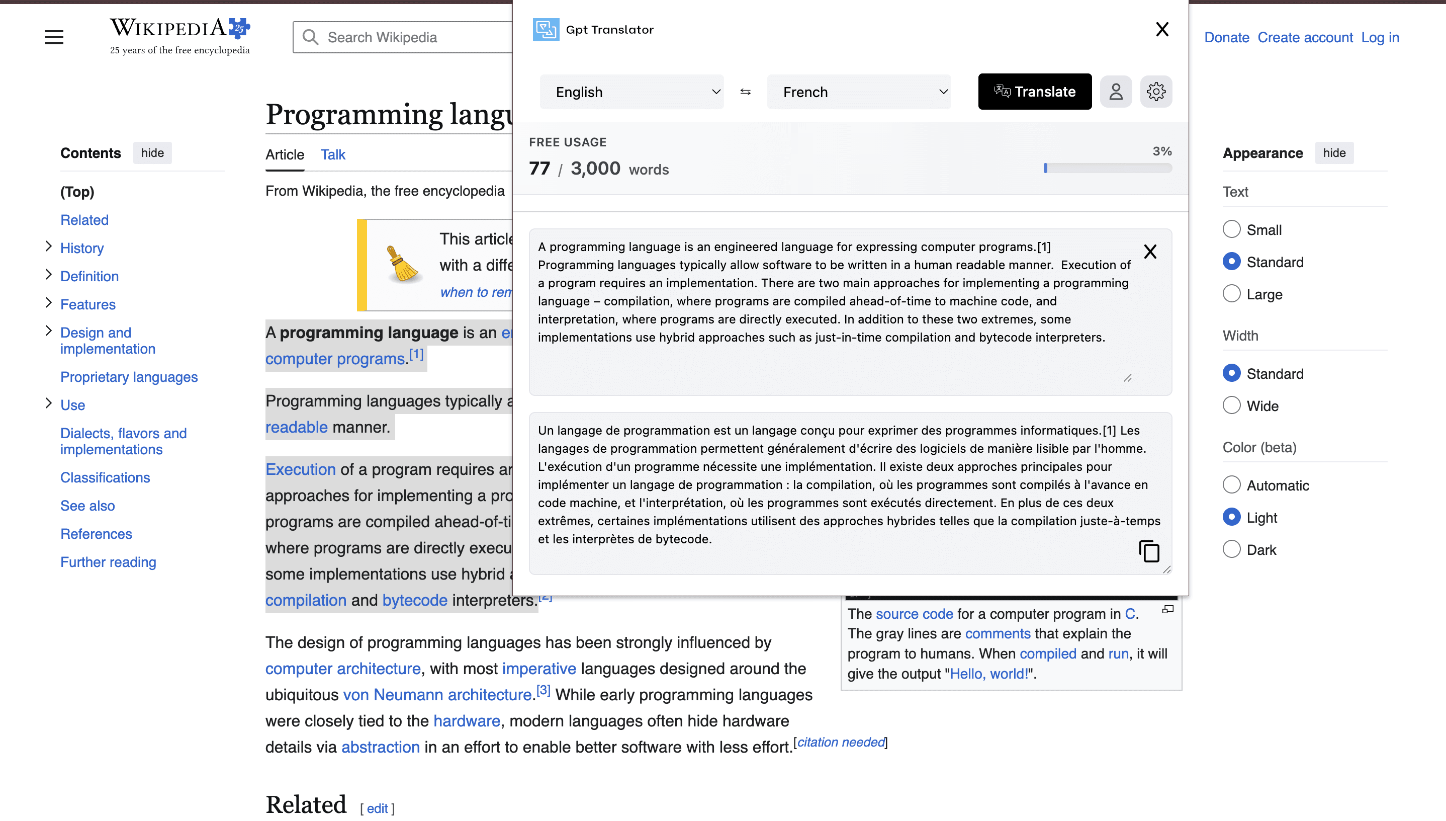 GPT Translator Chrome extension translating selected webpage text
